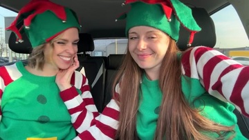 Screenshot Nadia Foxx & Serenity Cox as Horny Elves cumming in drive thru with remote controlled vibrators / 4K